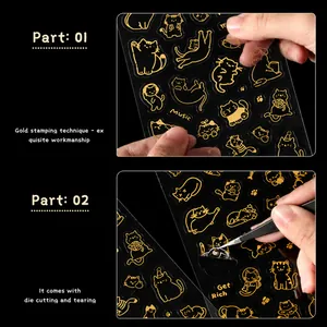 Détail d'autocollants chats avec dorure à l'or et illustrations mignonnes sur fond noir