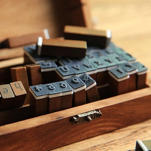 70pcs vintage wooden stamp set featuring alphabet and numbers in a classic storage box