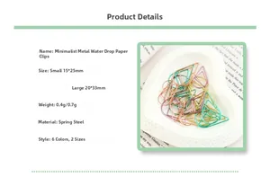 Detailed specifications table of minimalist teardrop metal paperclips in a small heart dish