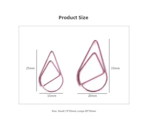 Size chart for rose gold teardrop paperclips showing small 25mm and large 33mm dimensions