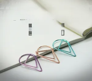 Detail of colorful water drop paper clips on a book page for office and planner decor