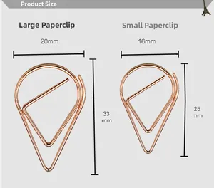 Size chart for rose gold teardrop paper clips showing 33mm and 25mm dimensions