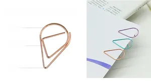 Detail of tear-drop shaped paperclips in rose gold, purple, and cyan finishes