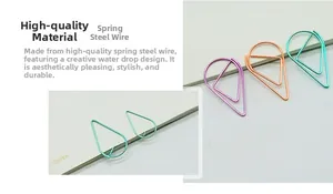 Detail of colorful water drop shaped paperclips in purple, orange and green spring steel