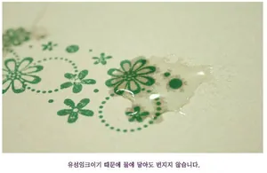 Vue détaillée du test d'encre imperméable montrant des gouttes d'eau sur le motif floral
