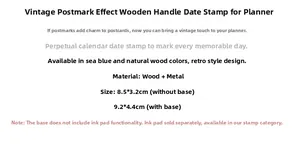 Detail showing wood and metal date stamp specs, size 8.5x3.2cm, in blue and natural wood