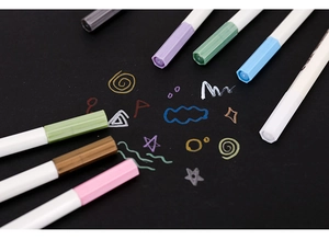 Metallic marker pens for black paper with colorful caps and shiny glitter ink strokes