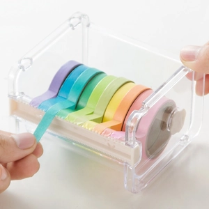 Transparent Stackable Washi Tape Dispenser Storage Box Plastic Desktop Stationery Organizer With Serrated Cutter For Office School Hand Account