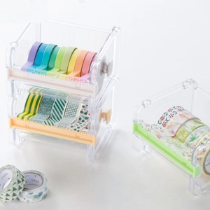Stackable transparent acrylic washi tape dispenser with serrated cutting edge for storage