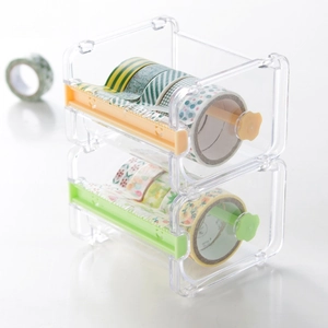 Stackable clear washi tape dispenser with colorful cutters for craft and desk storage
