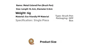 Specifications of metallic color brush pen showing size 16.3cm and PP material details