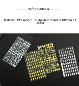 Detail of PET gold foil alphabet and number stickers with precise product dimensions