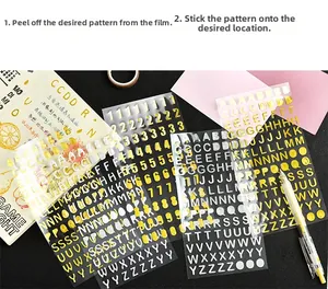 Macro detail of metallic gold and silver transfer stickers with alphabet and number designs