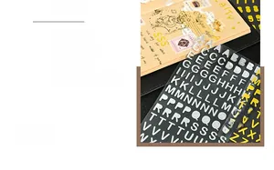 Close-up of gold foiled alphabet stickers on a notebook for DIY planner decoration