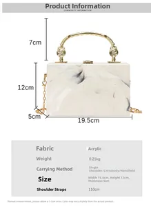 Size chart for marble acrylic box clutch bag with detailed product dimensions and weight