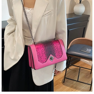 Detail of gradient pink-purple snakeskin bag with silver diamond twist lock and chain strap