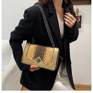 Detail of snake skin texture and metal lock on a vintage gold chain crossbody bag