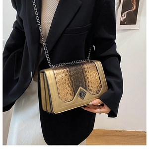Detail of snake print leather crossbody bag with geometric metal lock and chain strap