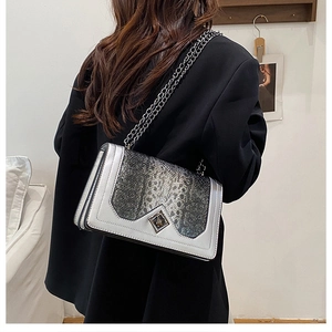 Detail view of snakeskin pattern shoulder bag with silver finish and chain strap