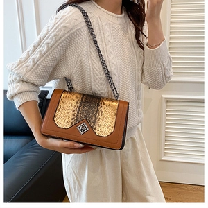 Detail of the snake pattern patchwork and metallic star-shaped lock on the brown bag