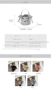 Detailed view of the bow-shaped handle bucket bag with embroidery and dimensions