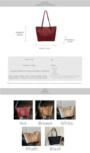 Detailed size guide and specifications for women's PU tote bag with color options