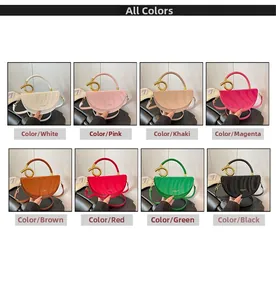 Close-up of crescent moon bag collection featuring stylish gold ring handles in eight colors
