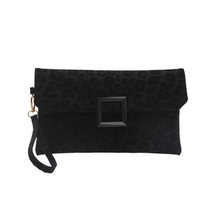Elegant black suede envelope clutch bag with leopard texture and matte square buckle