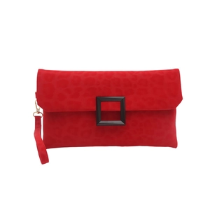 Red French style underarm bag with leopard texture and black matte buckle clasp