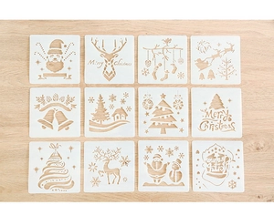 Lot de 12 pochoirs de Noël avec motifs de renne et sapin sur fond de bois