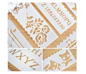 Detail showing semi-transparent PVC DIY stencils with floral and alphabet cutouts