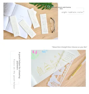 Detail of 8 drawing stencils for journaling showing architectural outlines and wave patterns