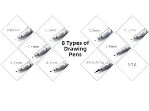 Detail view of 9 drawing pen nib sizes from 0.05mm to 0.8mm and flexible brush tip