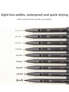 Set of 9 waterproof fineliners from 0.05mm to Brush tip on white grid paper
