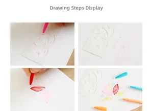 Detailed four-step drawing tutorial using lotus flower hollow stencil for DIY art crafts