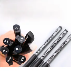Close-up of STA professional pigment liners set with assorted nib sizes and brush tip