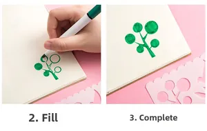 Detail showing the process of using the pink hollow drawing stencil with a green marker