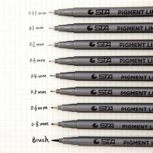 Set of 9 professional drawing fineliners and brush pen with waterproof pigment ink