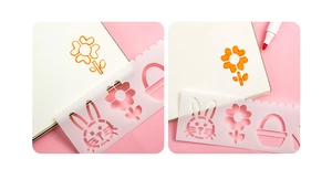 Detailed view of plastic hollow painting template with flower patterns and marker use