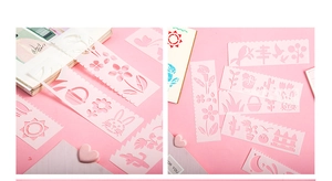 Pink hollow painting template set with floral and animal patterns for DIY journaling