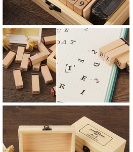 Dettaglio del set di 36 timbri in legno con lettere e numeri in scatola retro