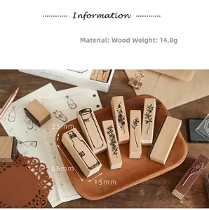 Detailed view of vintage wood rubber stamps with botanical patterns on a desk