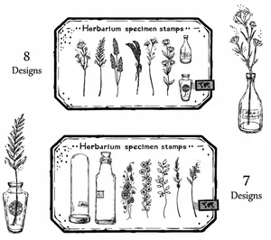 Detaillierte Herbarium-Stempel mit botanischen Skizzen und Glasflaschen-Designs