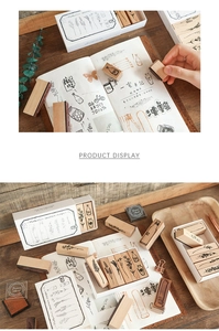 Detailed view of vintage wooden botanical stamps set with floral and vase patterns