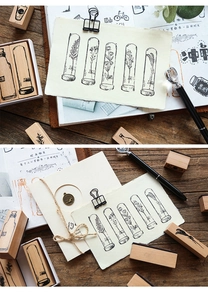 Macro view of vintage lotus wood stamps with floral patterns and scrapbooking ink effects