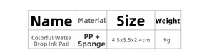 Detailed specification chart for red teardrop ink pad showing dimensions and 9g weight