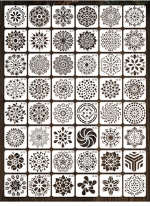 Set of 48 mandala stencil designs in a 6x8 grid layout on a brown wooden background