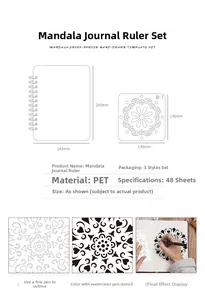 Detailed PET mandala stencils set showing product dimensions and usage guide