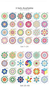 Grid display of 48 different mandala stencil patterns for DIY art and drawing projects