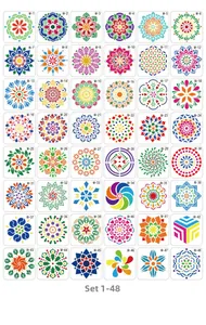Detailed grid view showing 48 different colorful mandala stencils with geometric patterns